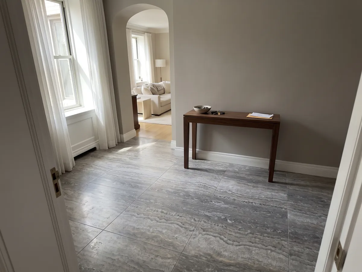 Entryway floor in large gray Titanium travertine slabs with natural light: gray with wavy horizontal bands that move from light to dark