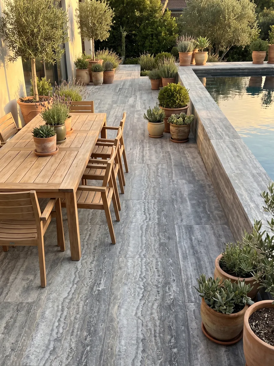 Terrace floor and pool coping in gray Titanium travertine with planters: gray with wavy horizontal bands that move from light to dark