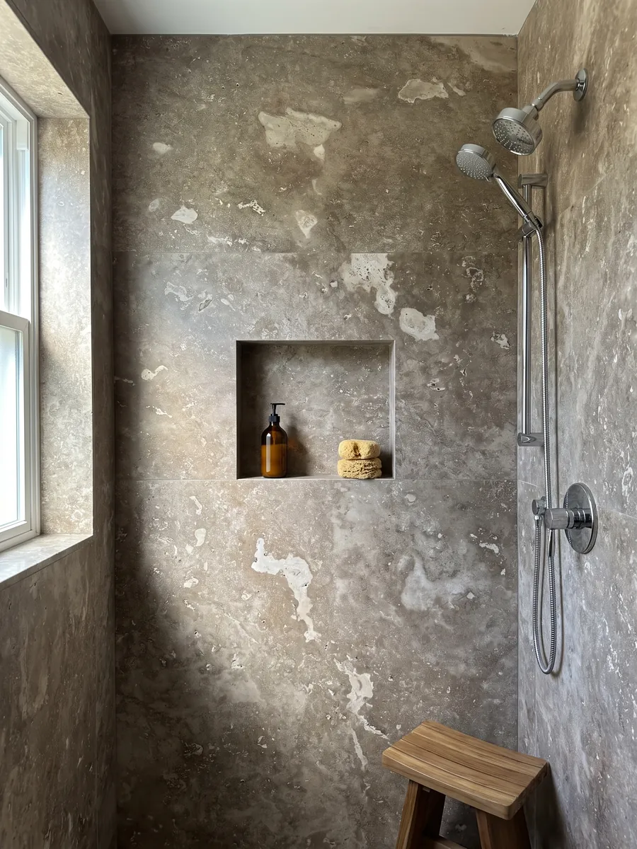 Shower clad in full brown Noce travertine slabs with a recessed niche: grayish brown with irregular light blotches and visible pores
