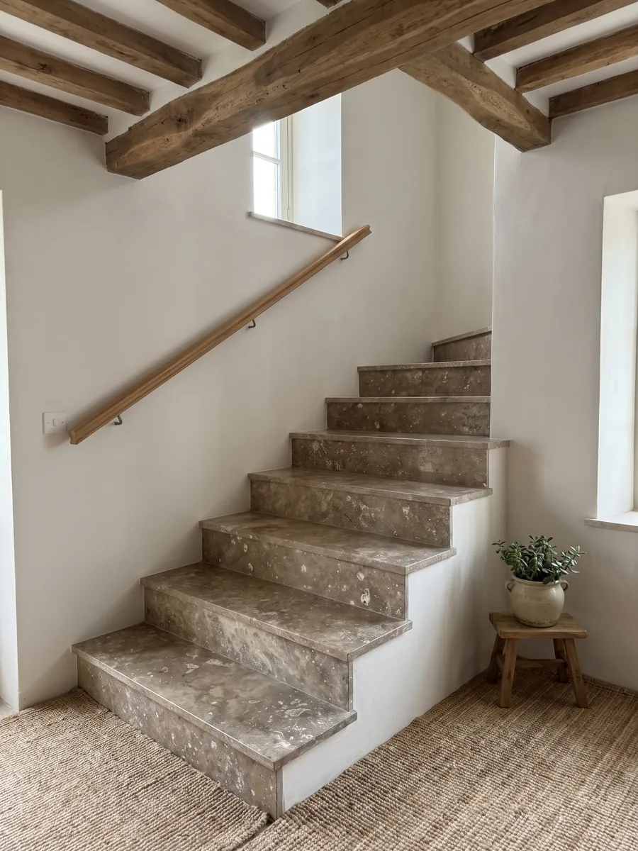 Interior staircase with brown Noce travertine steps and a handrail: grayish brown with irregular light blotches and visible pores