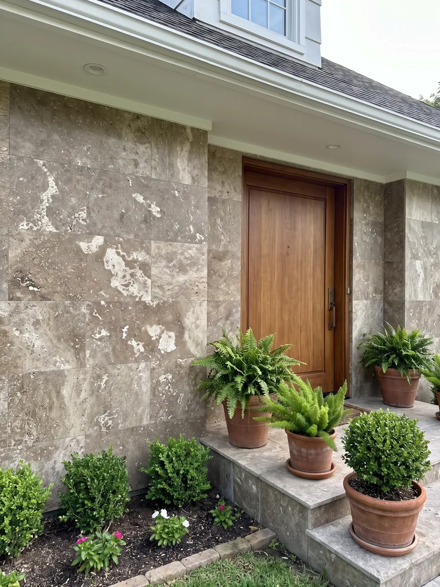 House facade clad in brown Noce travertine next to a wood door: grayish brown with irregular light blotches and visible pores