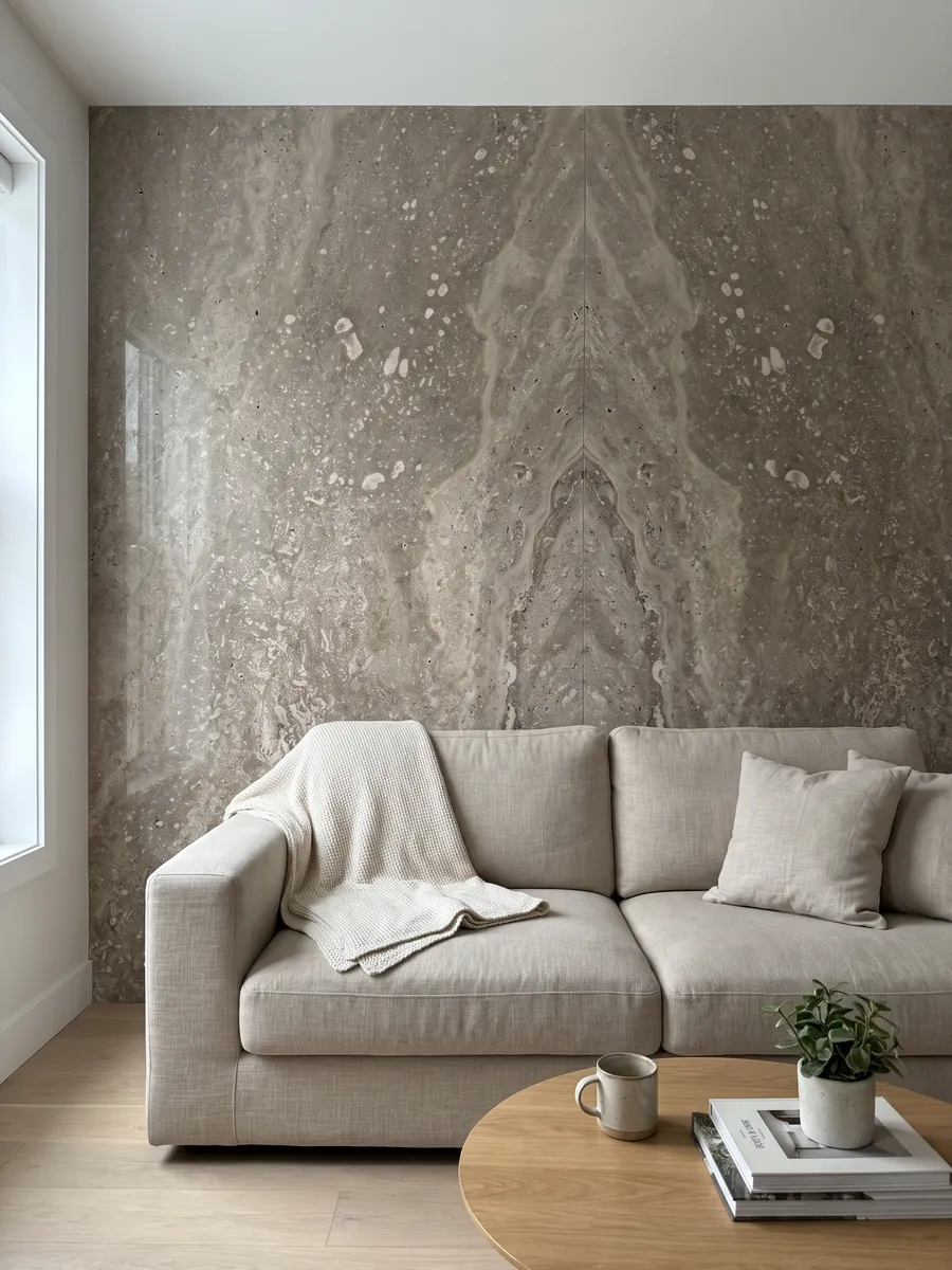Living room wall clad in bookmatched brown Noce travertine slabs behind a sofa: grayish brown with irregular light blotches and visible pores