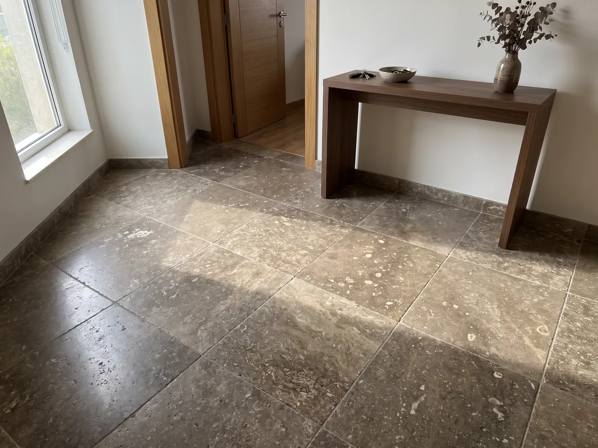Entryway floor in large brown Noce travertine slabs with natural light: grayish brown with irregular light blotches and visible pores