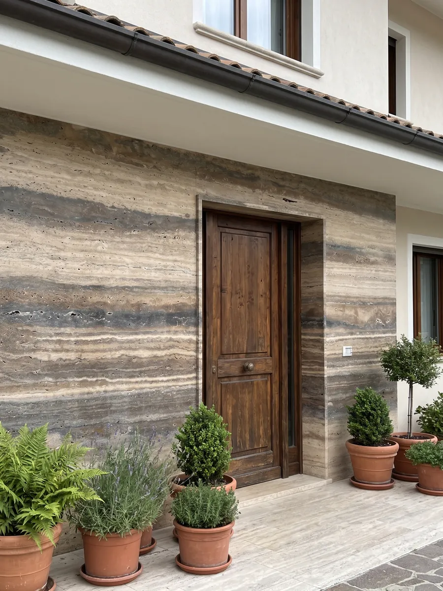 House facade clad in brown Dark Silver travertine next to a wood door: strongly marked brown and beige horizontal bands running along the slab