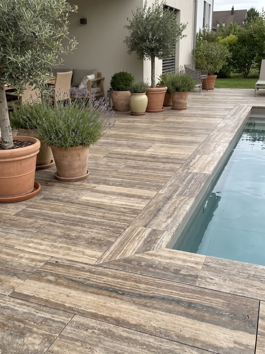 Terrace floor and pool coping in brown Dark Silver travertine with planters: strongly marked brown and beige horizontal bands running along the slab