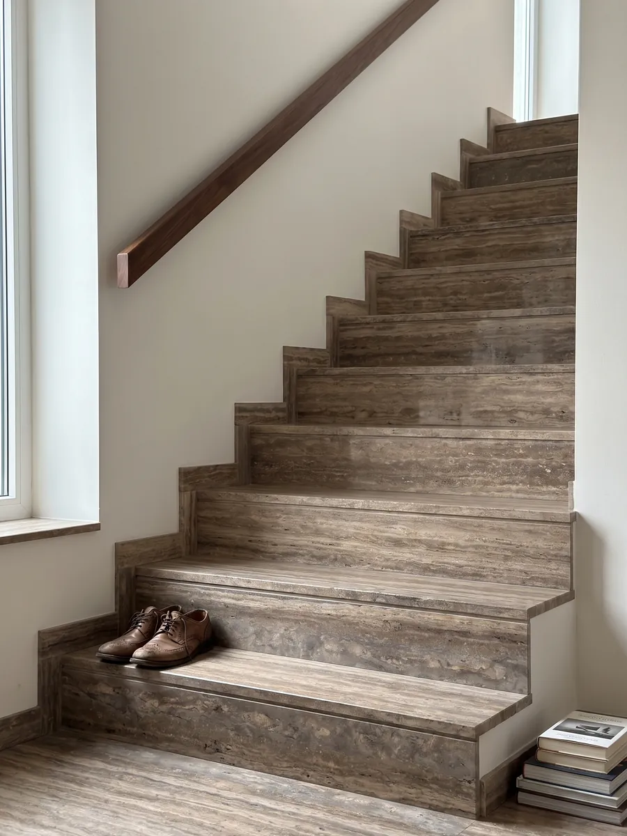 Interior staircase with brown Pantheon travertine treads and a handrail: brown with fine, parallel, lighter horizontal bands