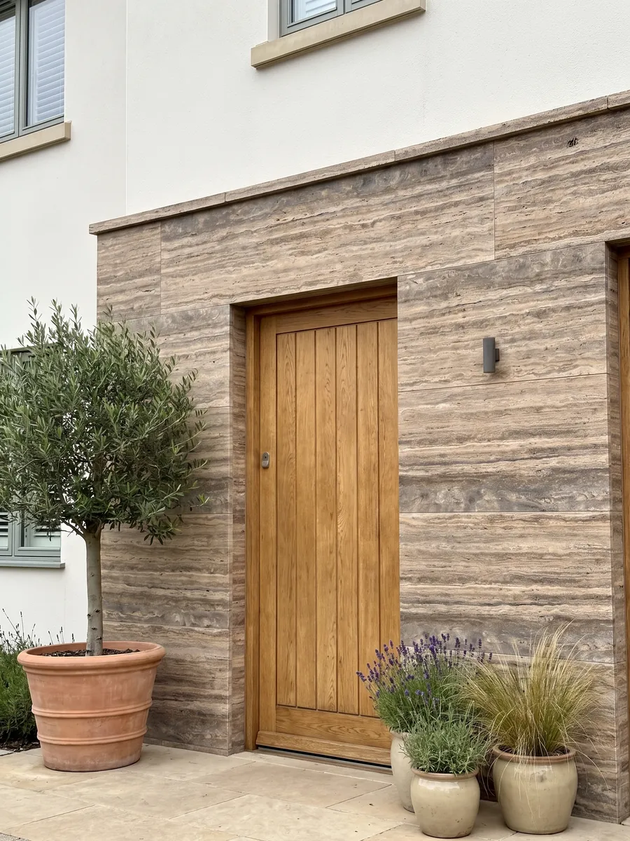 House facade clad in brown Pantheon travertine next to a wood door: brown with fine, parallel, lighter horizontal bands