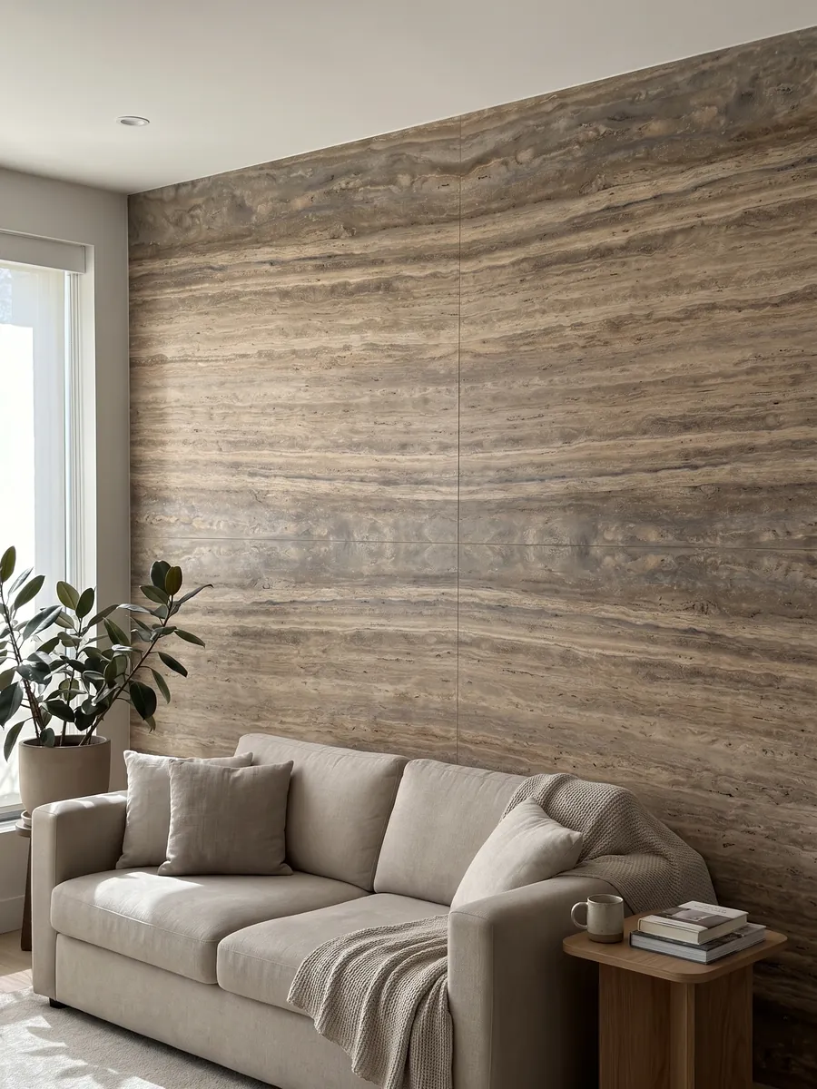Living room wall clad in bookmatched brown Pantheon travertine slabs behind a sofa: brown with fine, parallel, lighter horizontal bands