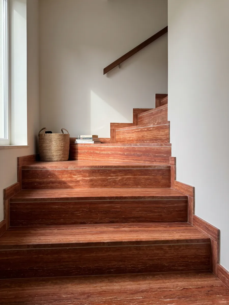 Interior staircase with red travertine treads and a handrail: intense orange-red in horizontal bands with fine cream lines