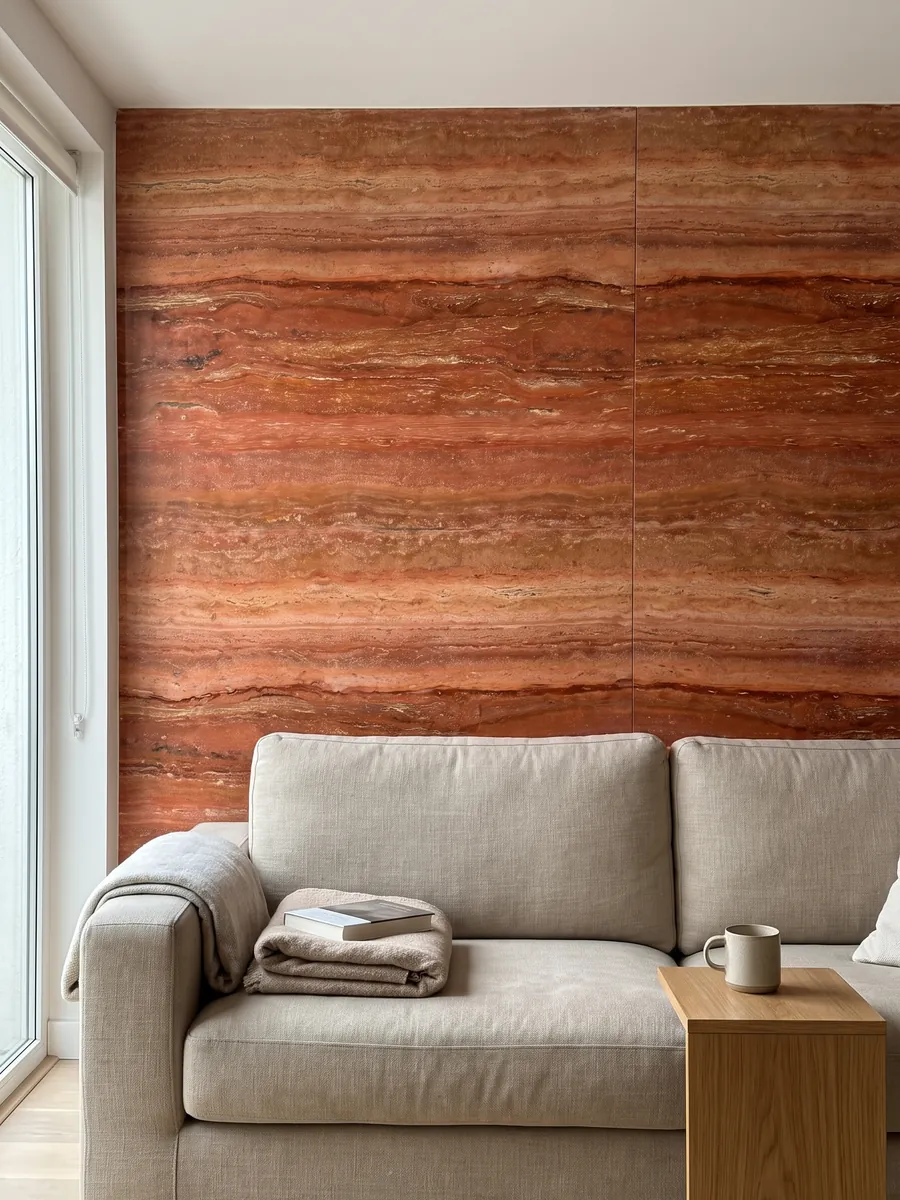 Living room wall clad in bookmatched red travertine slabs behind a sofa: intense orange-red in horizontal bands with fine cream lines