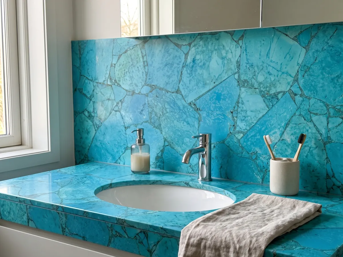 Vanity top and bathroom wall in Turquoise with a white sink and chrome faucets: luminous turquoise in large pieces with fine joints
