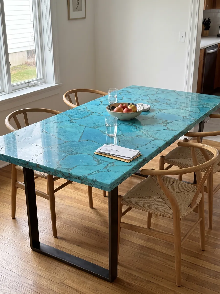Dining table with a Turquoise top on a steel base: luminous turquoise in large pieces with fine joints