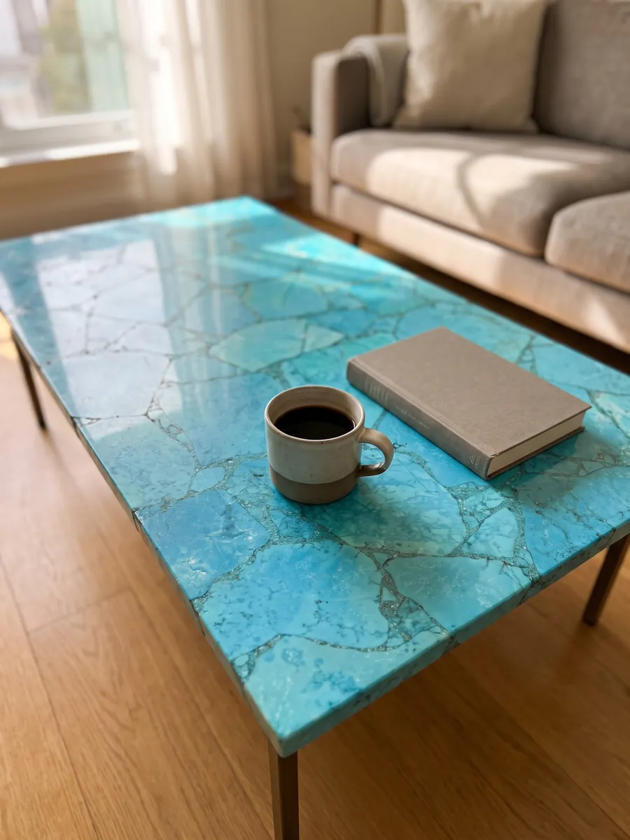 Coffee table with a Turquoise top in a living room: luminous turquoise in large pieces with fine joints