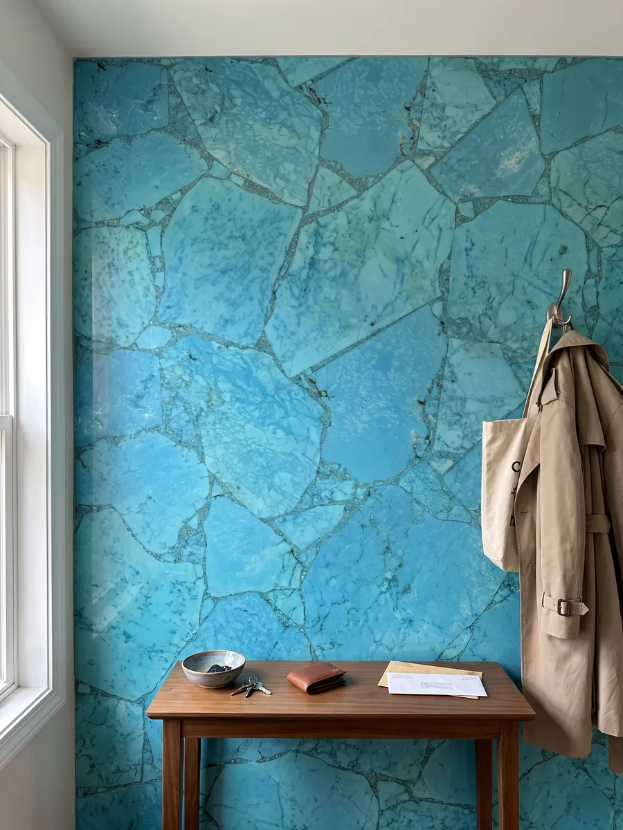 Entryway wall clad in Turquoise with a narrow console: luminous turquoise in large pieces with fine joints