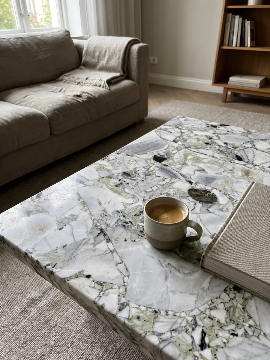Coffee table with a White Beauty top in a living room: white and gray fragments joined by light green areas, with loose black pieces