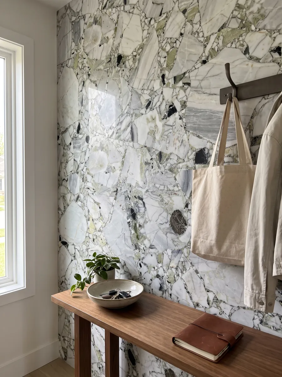Entryway wall clad in White Beauty with a narrow console: white and gray fragments joined by light green areas, with loose black pieces