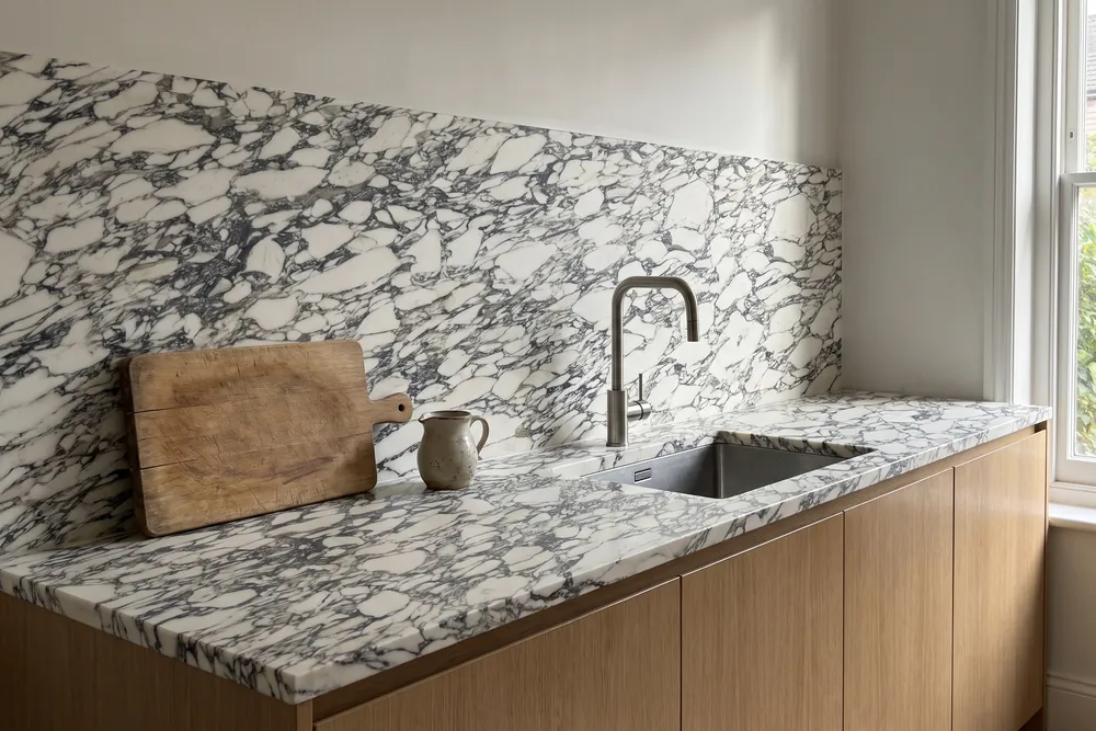 Kitchen with an Arabescato Corchia marble countertop and wall