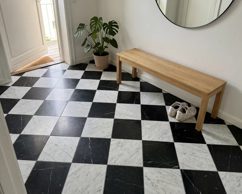 Entryway with a checkerboard floor in Carrara and Nero Marquina marble