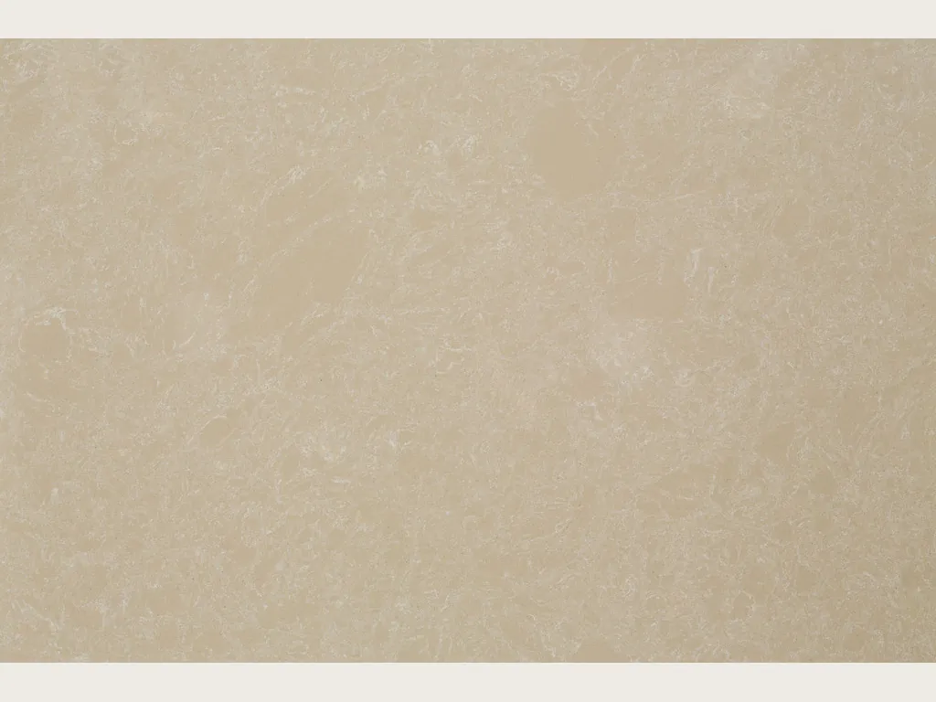 Slab of Ecrù engineered marble with resin: smooth, even cream-beige background with very soft ivory clouds