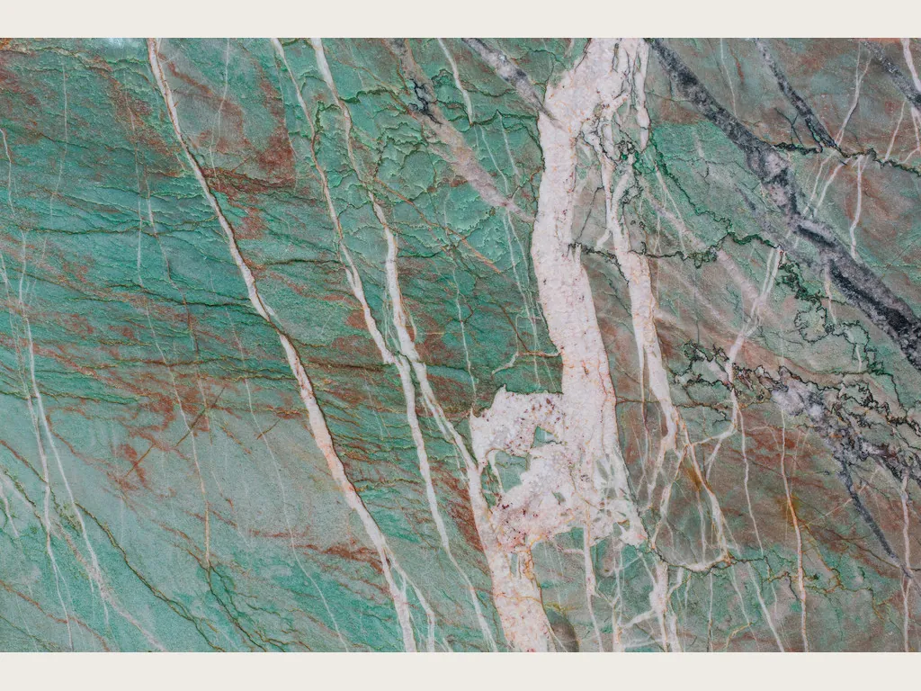 Green Amazzonite Cristallo quartzite slab: blue-green with wide pinkish-white veins and rust-red lines