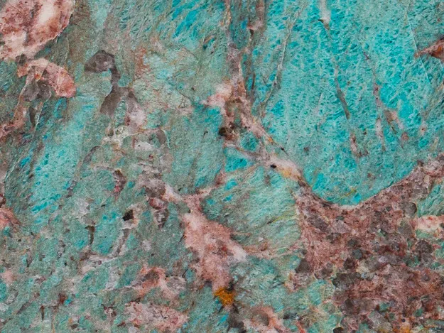 Amazzonite quartzite slab: intense turquoise patches with irregular pink and burgundy areas