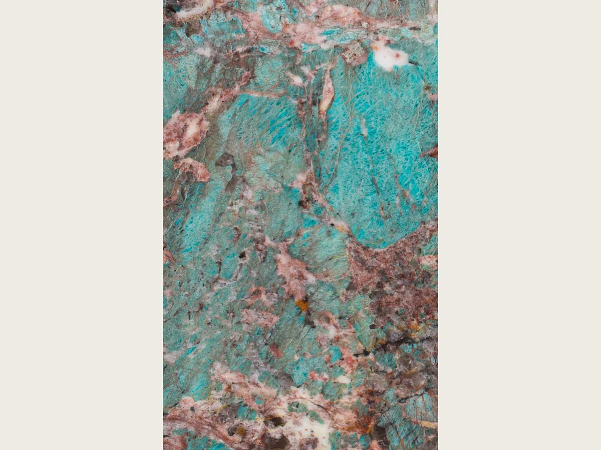 Green Amazzonite quartzite slab: intense turquoise patches with irregular pink and burgundy areas