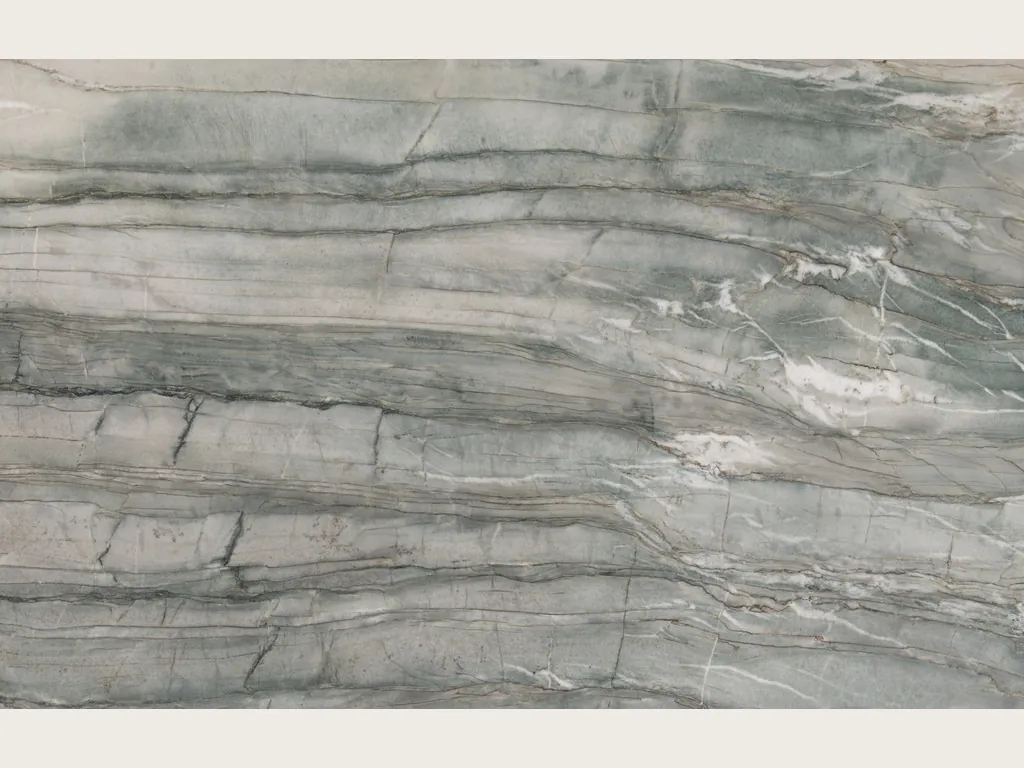 Green Cristallo Tiffany quartzite slab: horizontal bands of dark gray over grayish sage green with fine white veins