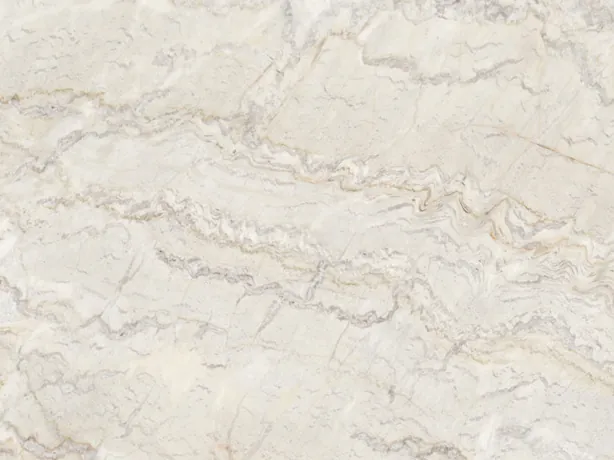 Close-up of white Dolce Vita quartzite with its waving gray and beige veins