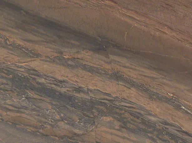 Close-up of Elegant Brown quartzite: fine gold lines and parallel bands with the shine of polish