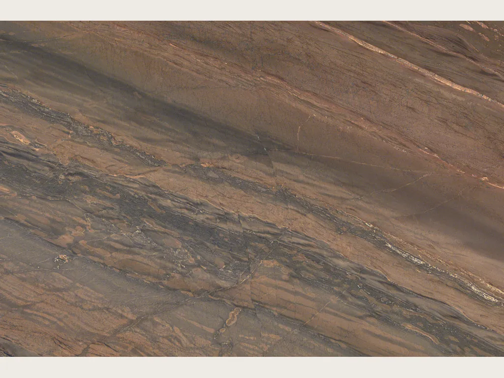 Slab of Elegant Brown quartzite: dark brown diagonal bands and fine gold lines over copper
