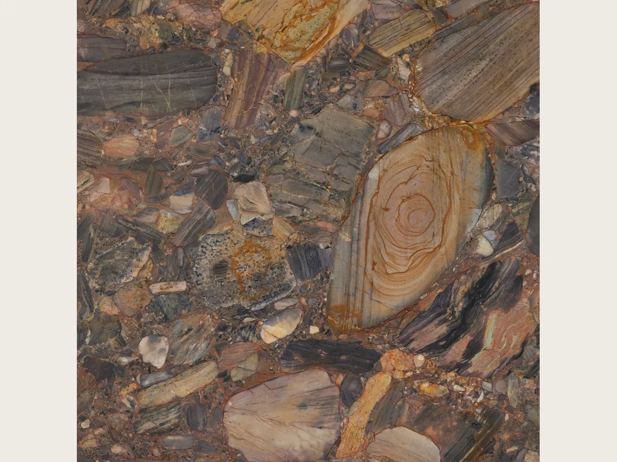 Slab of Four Seasons quartzite: a mosaic of brown, grey and ochre pebbles with one ringed stone