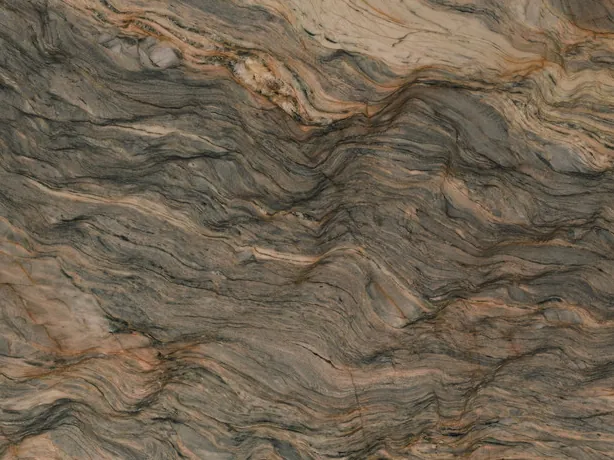Detail of brown Fusion quartzite: ocher and greenish gray layers with a polished sheen