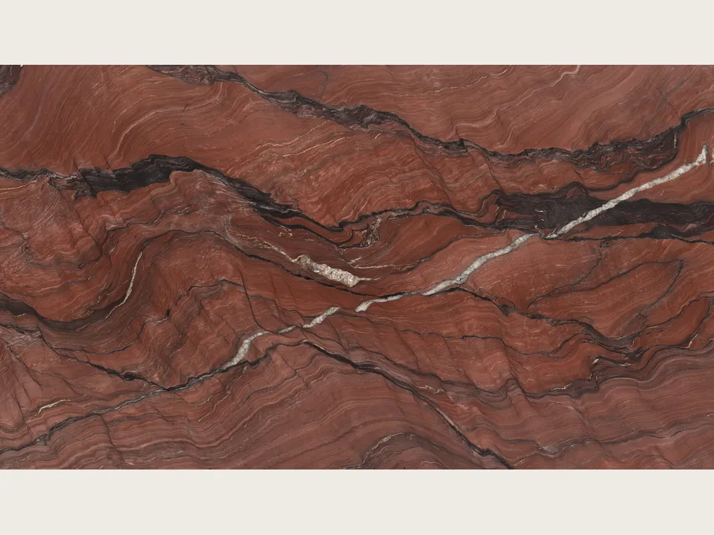 Slab of Fusion Red quartzite: brick red with horizontal dark brown waves and a thin white vein