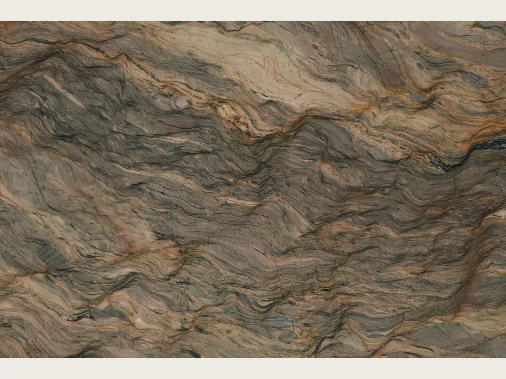 Slab of brown Fusion quartzite: wavy horizontal bands in ocher and greenish gray on an ocher brown background