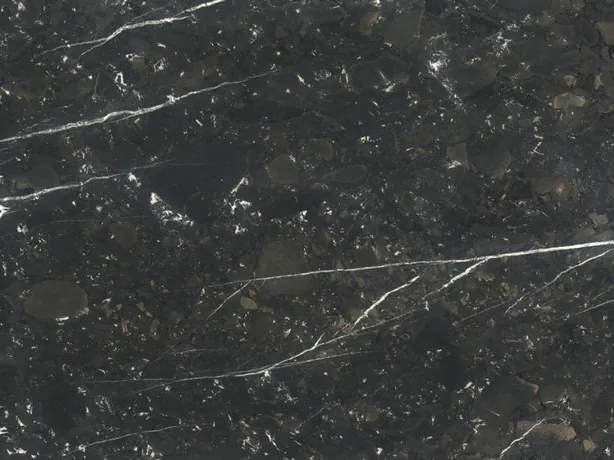 Close-up of black Infinity Brown quartzite: fine veins on the diagonal and white dots over the dark background