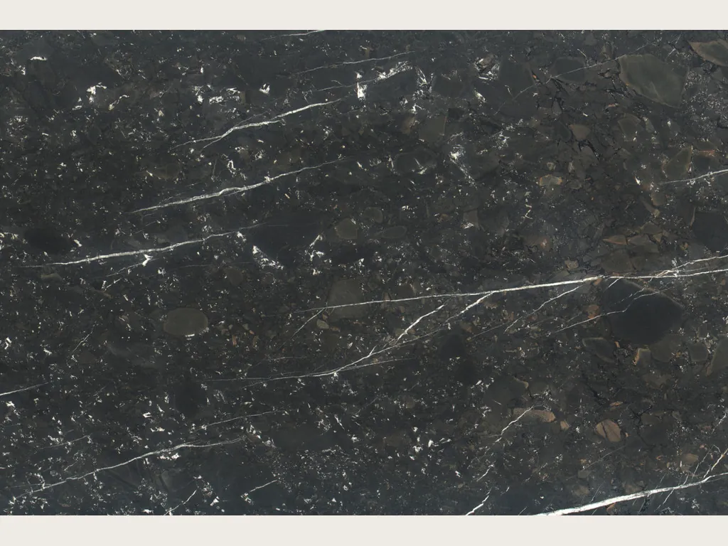 Black Infinity Brown quartzite slab: a near-black background with fine white veins on the diagonal and small white dots