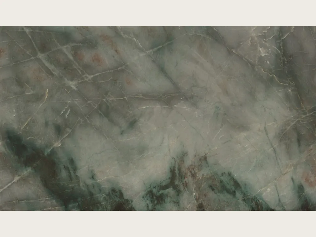 Green Jadore quartzite slab: cloudy sage green with fine light veins and a dark green zone at the base