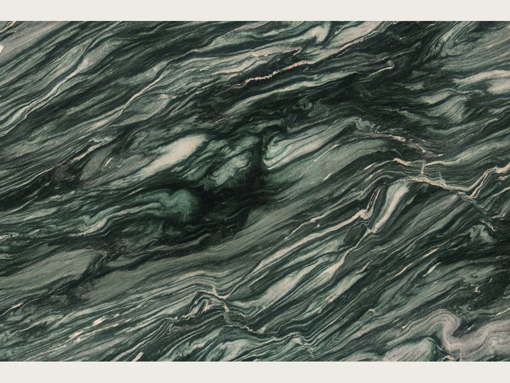 Lapponia Green quartzite slab: dark emerald green and black background with large pinkish white waves on the diagonal (another slab)