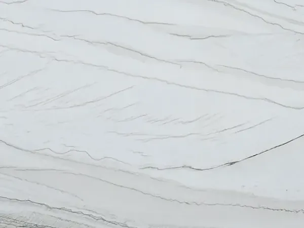 Slab of White Macaubas Quartzite: a bluish white background with fine, almost horizontal dark grey lines