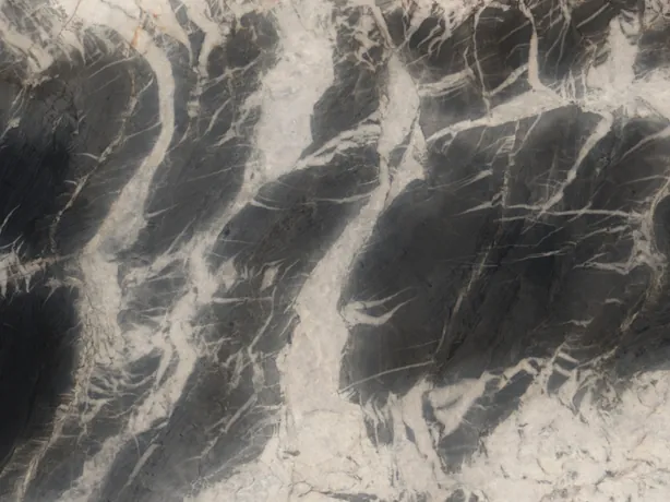 Detail of Ocean Storm black quartzite: black strokes with brown edges over the cream