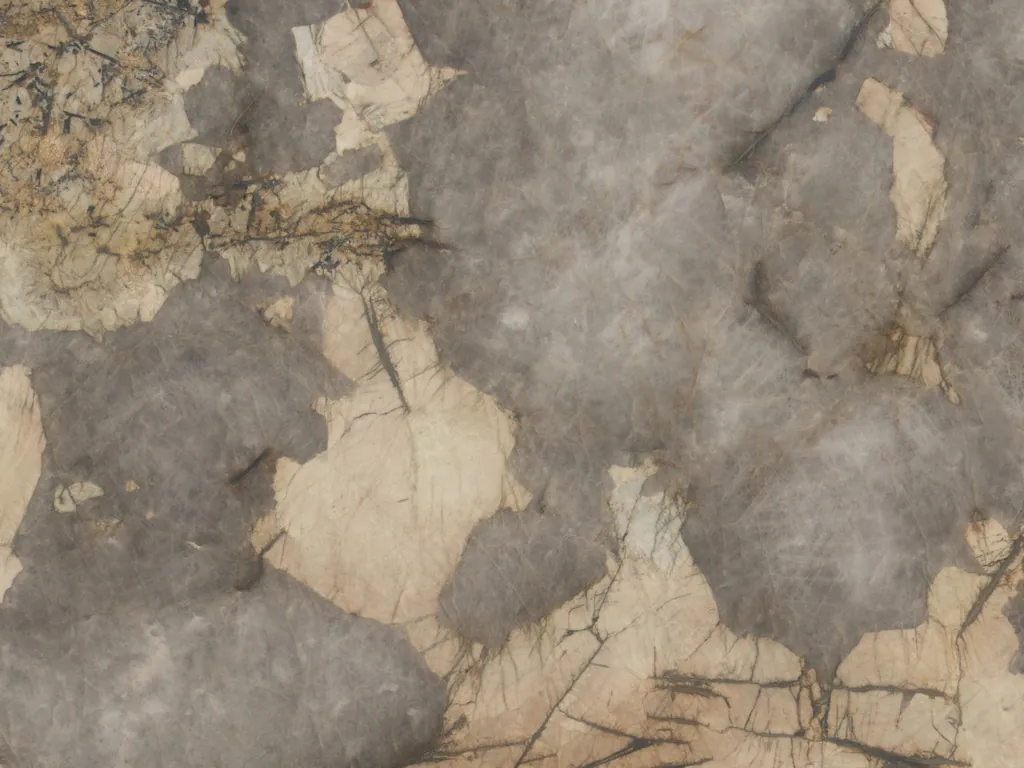 Patagonia gray quartzite slab: irregular cream beige patches over a translucent gray with fine dark lines
