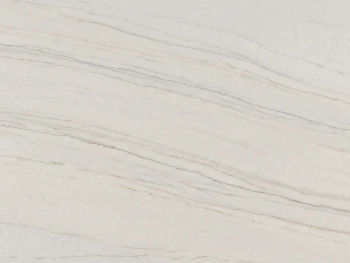 White Perla Venata quartzite slab up close