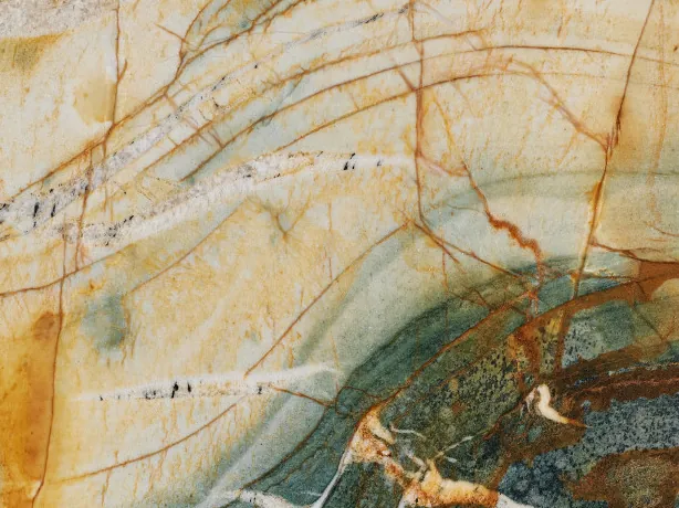 Detail of beige Polaris Gold quartzite: net of orange veins and curved bands with the sheen of the polish