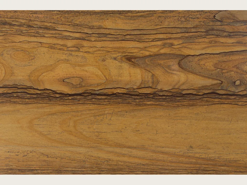 Slab of brown Radika quartzite: honey brown with horizontal bands, dark lines and knots