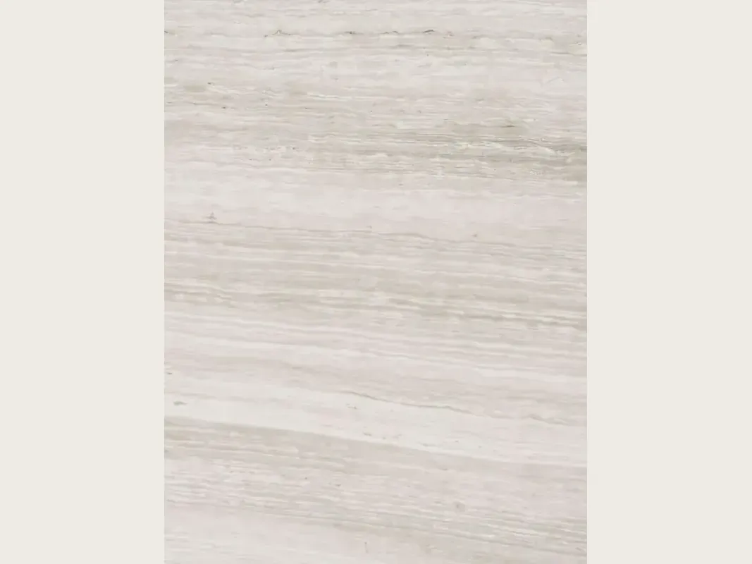 White Silk Georgette quartzite slab: fine horizontal beige and gray striping on a warm white background, in a polished finish.