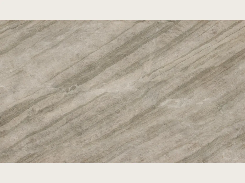 Beige Sky Pearl quartzite slab: parallel dark gray bands on the diagonal over a greige background