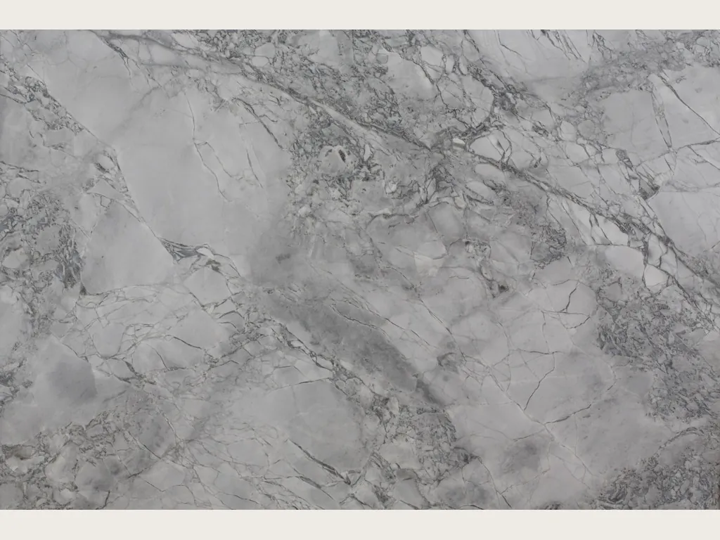 Gray Super White quartzite slab: pearl gray background with an irregular network of darker gray veins on the diagonal