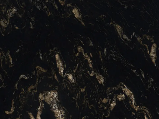 Close-up of black Titanium quartzite: golden and beige flames over the black, with the shine of polish