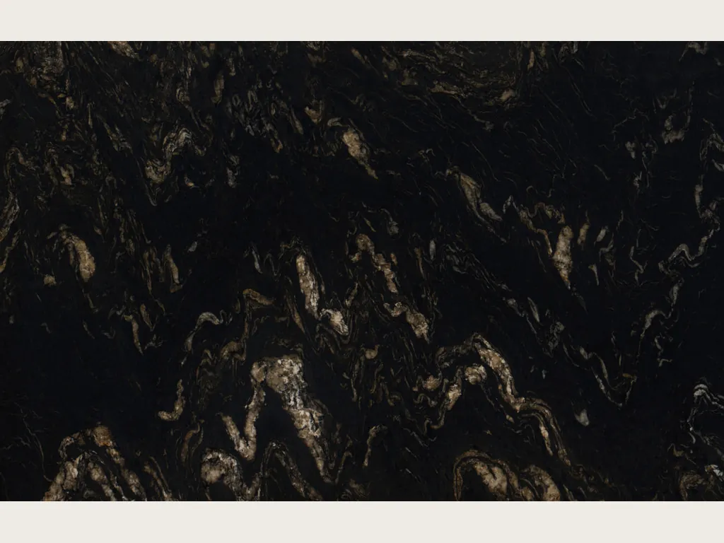 Slab of black Titanium quartzite: deep black background with golden and beige flame-shaped inclusions