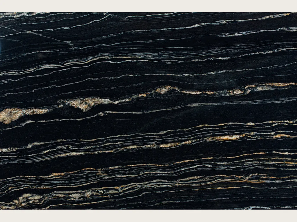Tropical Storm black quartzite slab: black background with fine horizontal white, gray and gold lines